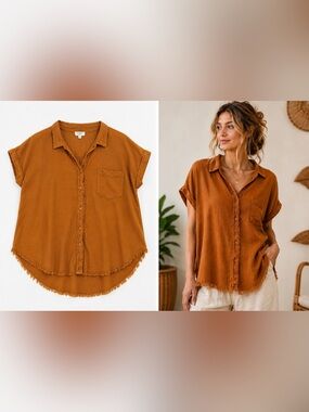 Umgee Rust Orange Linen Blend Tunic Top Frayed Hem Size Medium Boho Cottagecore